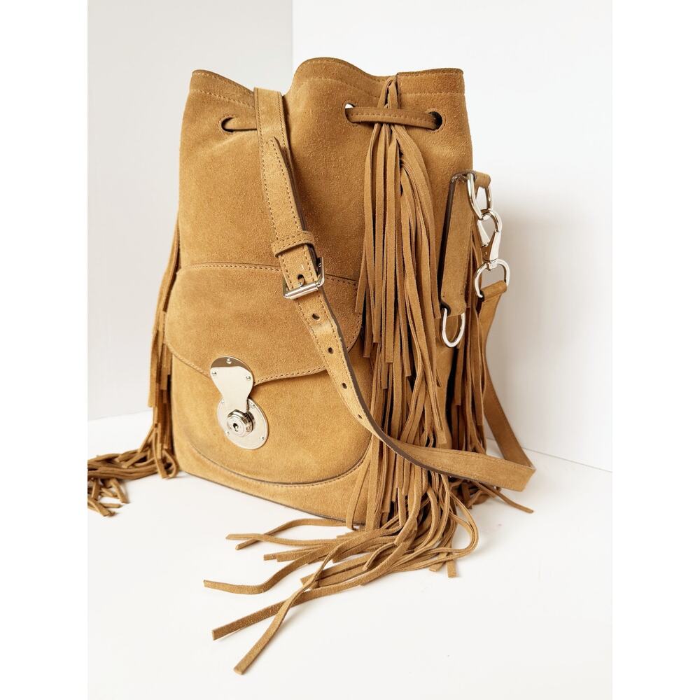 Ralph Lauren Ricky Fringe Bucket Bag Suede Camel Leather Drawstring Crossbody - Picture 4 of 16
